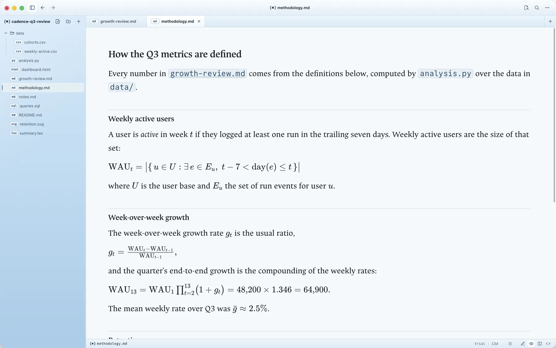 LaTeX math rendering inline and in display blocks inside a Markdown document in Superset Files.