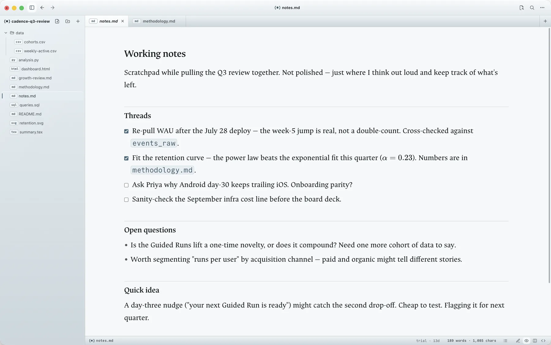 A Markdown document rendering in Superset Files live preview mode.